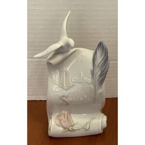 Lladro Society Porcelain Plaque Scroll Bird Feather Rose Spain 1998